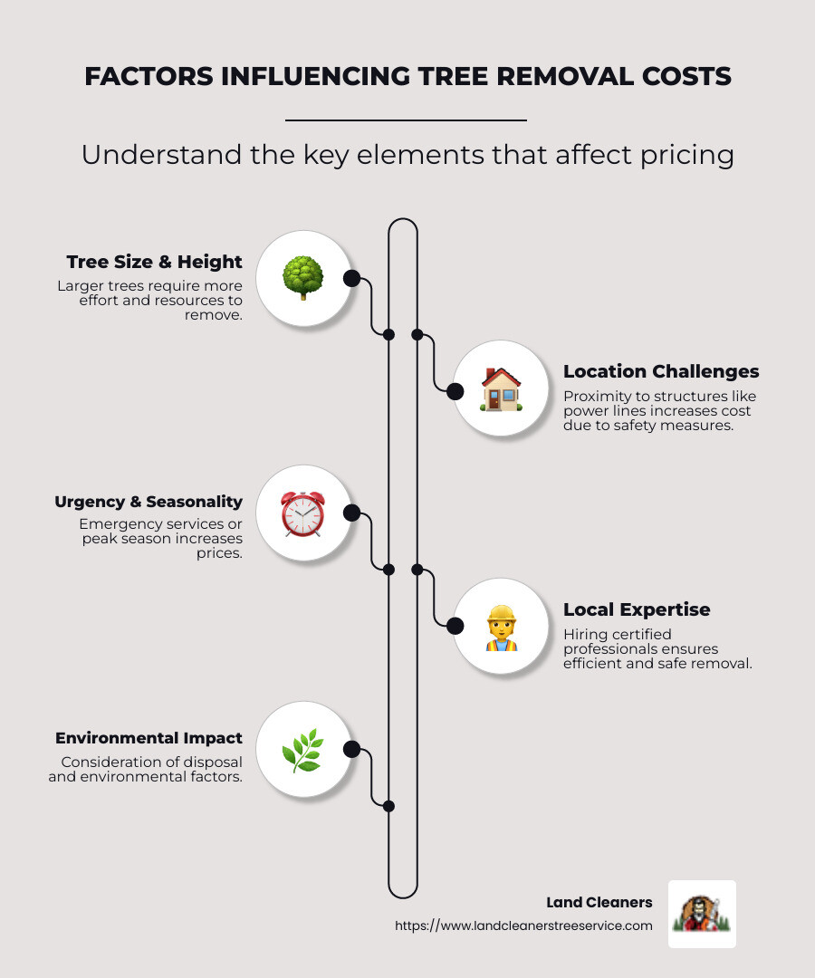 Factors influencing tree removal costs infographic - average tree removal cost near me infographic infographic-line-5-steps-neat_beige