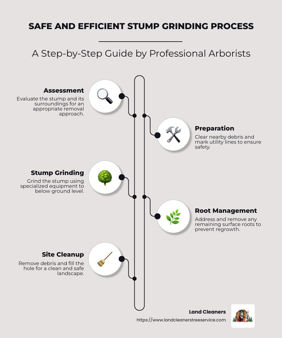 Infographic showcasing safe and efficient stump grinding process by professional arborists, detailing each step from assessment to completion, with a focus on minimal landscape impact and safety measures in New Hampshire locations - stump and root removal near me infographic infographic-line-5-steps-neat_beige