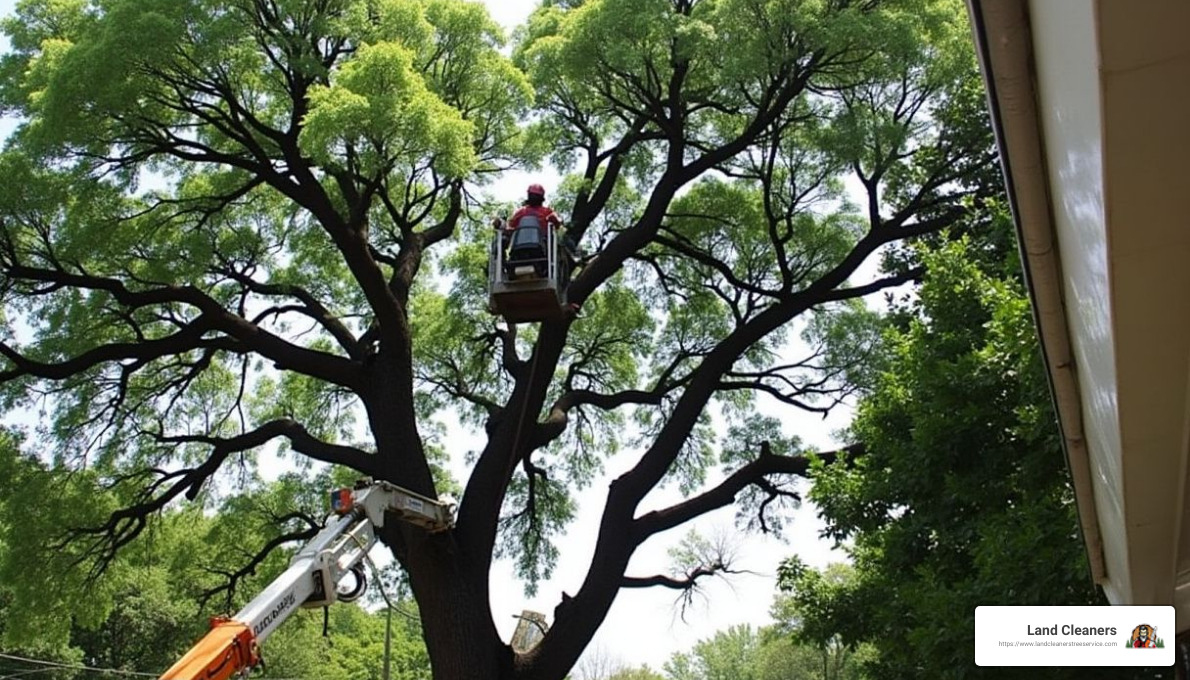 Knuckle Boom Crane at work - crane tree removal service - tree cutting crane
