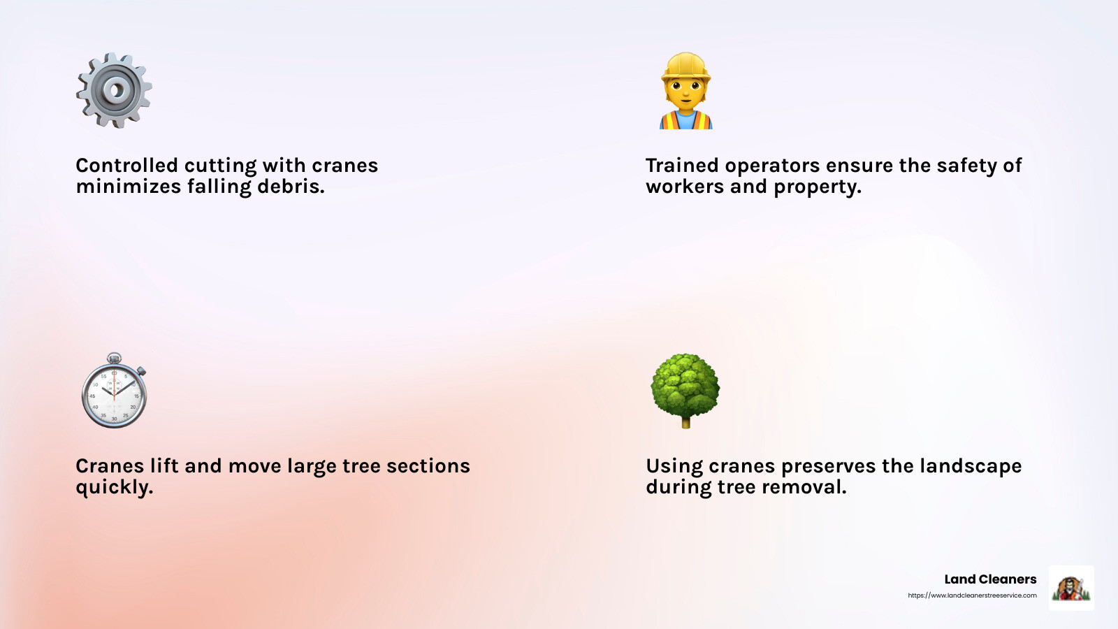 Using cranes for tree removal significantly improves safety. - tree cutting crane infographic 4_facts_emoji_light-gradient