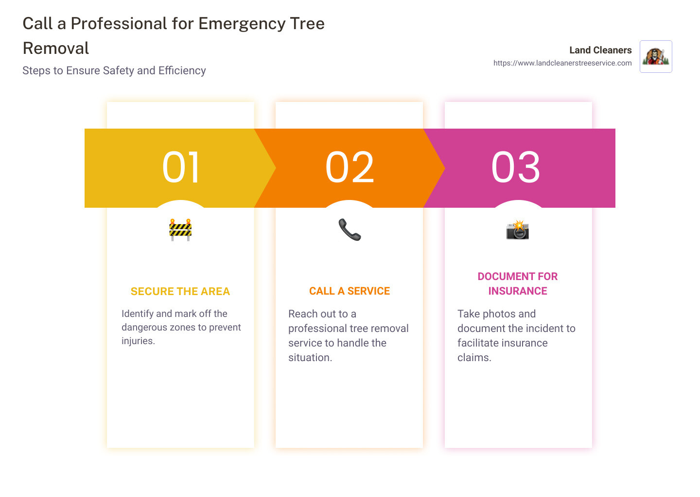 Call a Professional for Emergency Tree Removal - Infographic illustrating steps including securing the area, calling a service, and documenting for insurance. - downed tree removal near me infographic pillar-3-steps