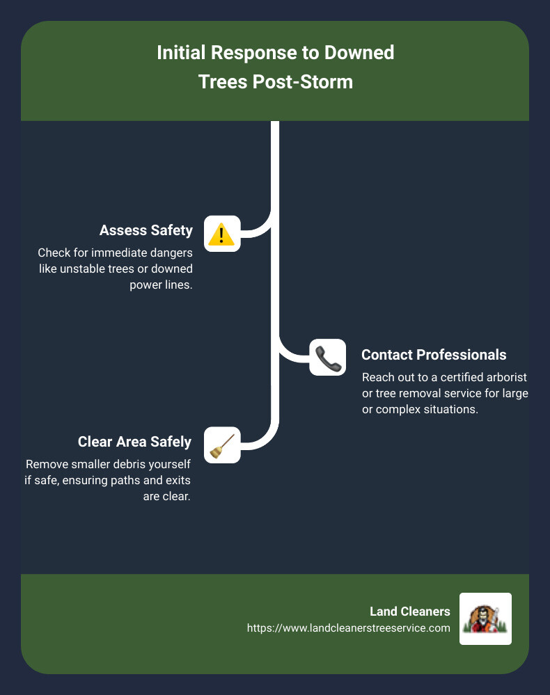 Infographic showing steps for initial response to downed trees: 1. Assess Safety, 2. Contact Professionals, 3. Clear Area Safely - downed tree removal infographic infographic-line-3-steps