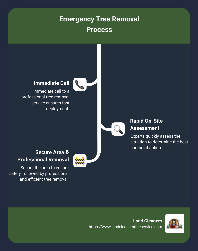 Emergency tree removal process: Immediate call to service, rapid on-site assessment, secure area, professional removal, final property check - emergency tree removal near me infographic infographic-line-3-steps