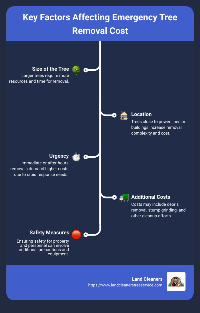 Infographic detailing factors affecting emergency tree removal cost, including tree size, location, urgency, and additional potential costs like debris removal and stump grinding - emergency tree removal cost infographic infographic-line-5-steps