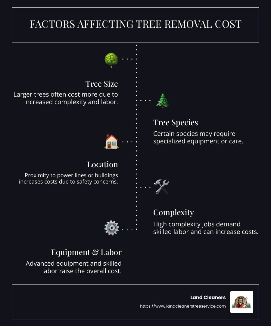 Tree Removal Cost Factors: Size, Location, Safety Concerns - infographic showing tree sizes, distance to power lines, cost implications - tree removal cost infographic infographic-line-5-steps-dark